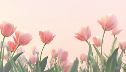Fototapeta premium 3D rendering of pink tulips on the right side of the frame, against a solid pastel background