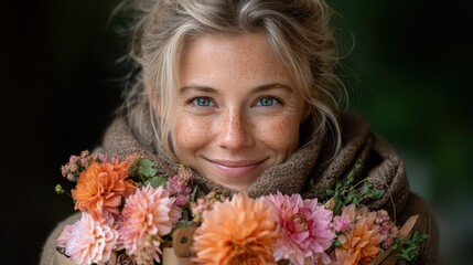 Fototapeta premium Serene Woman with Flower Crown, Warm Portrait, Natural Beauty, Gentle Smile, Cozy Atmosphere, Autumn Colors, Peaceful Moment.