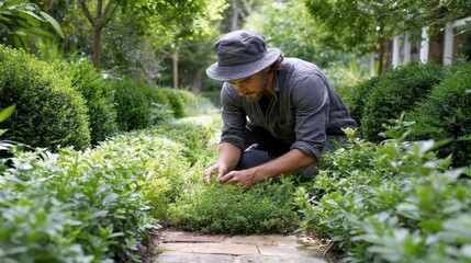Gardener kneeling, examining plants in lush garden, close-up, tending to foliage, professional horticulture, springtime agriculture.
