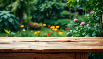 Rustic wooden desk, blurred verdant garden backdrop,  study, garden