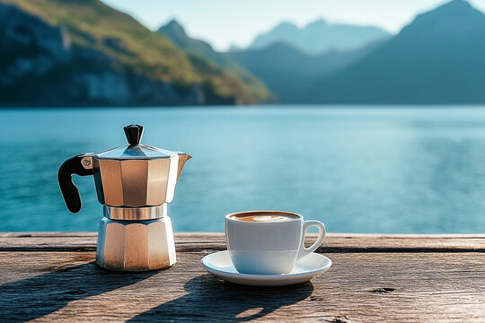 Morning coffee overlooking serene lake, mountains backdrop on weathered wood