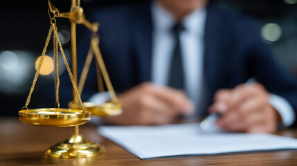 Justice scales and legal document on desk with a person in a suit
