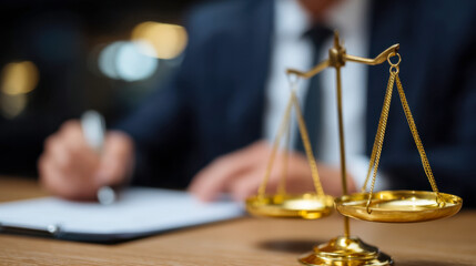 Balancing justice at a law office with a lawyer writing important legal documents