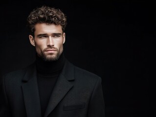 Obraz premium Captivating portrait of a stylish masculine man with curly hair wearing a turtleneck sweater exuding confidence and sophistication against a dark background creating a striking visual impact