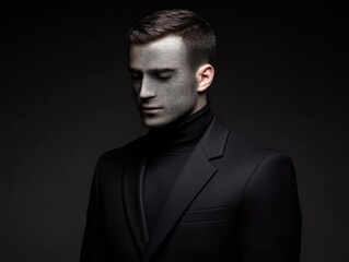 Fototapeta premium Elegant male figure adorned with a unique textured pattern on his face presenting a blend of modernity and abstract art within a dark minimalist environment showcasing captivating contrast