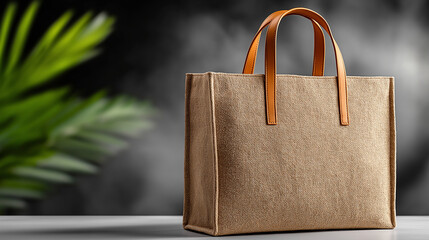 The Elegant Shopping Bag: A beautifully crafted shopping bag with brown fabric and leather handles, it exudes sophistication and style. It is perfect for showcasing fashion, retail.