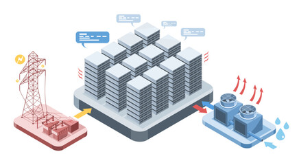 Essential resources powering an AI driven chat bot data center including electricity supply cooling system and high density server infrastructure digrame