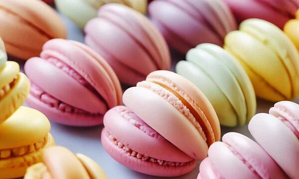 Rows of Colorful Macarons with Pink Yellow Purple and Peach Tones in a Close-up Sweet Food Photography
