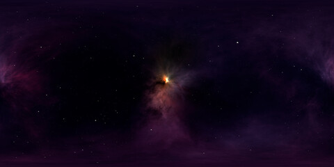 360 degree space nebula. Giant interstellar cloud with stars, equirectangular projection, environment map. Spherical panorama. 3D rendering, fractal image