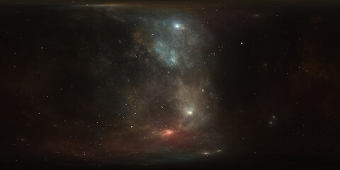 360 degree space nebula. Giant interstellar cloud with stars, equirectangular projection, environment map. Spherical panorama. 3D rendering, fractal image