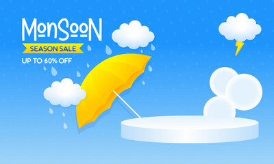 Monsoon Season Sale Banner with 3D Podium and Rainy Weather Elements – Up to 60% OFF