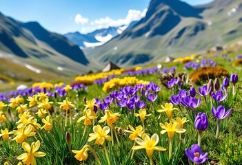 Fototapeta premium Panoramic view of vibrant yellow snowdrops and purple crocuses blooming in sun-drenched mountain meadow, field, idyllic