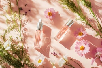 Two bottles of cosmetic serum surrounded by pink and white flowers on a light pink background flat lay