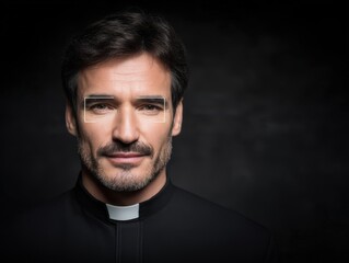 Fototapeta premium Confident male figure in clerical attire captures the essence of spirituality and leadership with strong facial expression emphasizing both warmth and authority in a dark setting