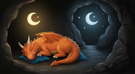 Dragon sleeping in cave at night and day