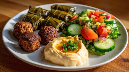 Falafel Hummus and Grape Leaves Platter is a premium-quality stock image ideal for use in lifestyle blogs, health content, promotional campaigns, and editorial publications.