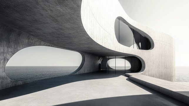 Monochrome architecture with abstract structure and smooth concrete floor 