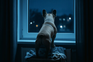 French Bulldog Waiting at Night, Looking Out the Window in a Dark Room