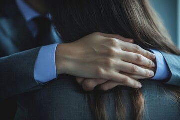 A man's hand rests on a woman's shoulder in a gray suit in a dimly lit office environment showing support