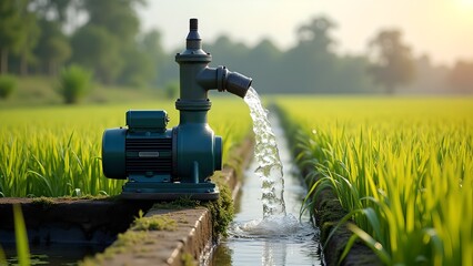 High-Power Water Pump in Paddy Field Releasing Water Through Canal – Symbol of Crop Nourishment, Farmland Irrigation, and Rural Water Management System