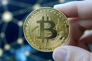 A hand grasps a shining golden Bitcoin, set against a background of a digital network illustrating the dynamic world of cryptocurrency and blockchain technology