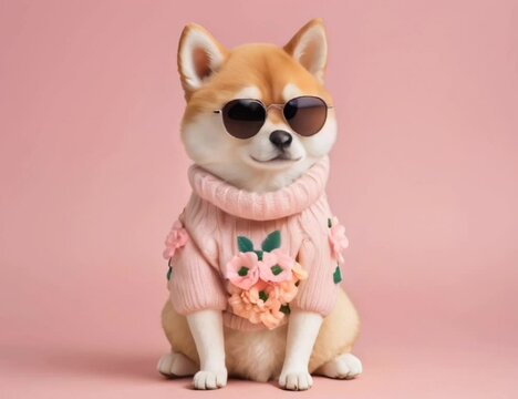 Shiba Inu dog wearing sunglasses and a sweater on pink background