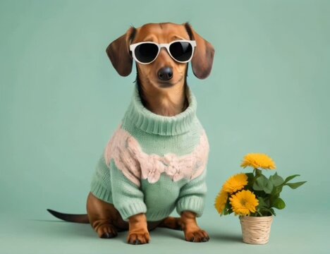 Dachshund dog wearing sunglasses and a sweater on green background
