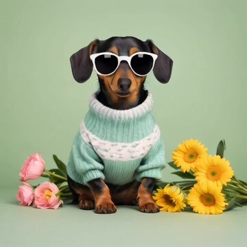 Dachshund dog wearing sunglasses and a sweater on green background
