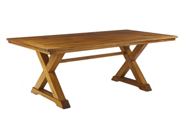 Wooden dining table with cross legs structure design on transparent background
