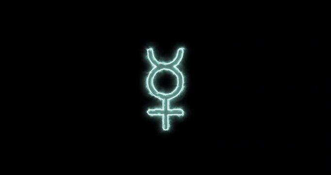 Astronomical symbol of Mercury planet blue flaming. Loop