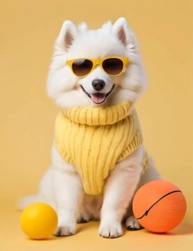 Samoyed dog wearing sunglasses and a sweater on yellow background