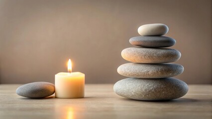 Obraz premium Serene ambiance created with a gently glowing candle and a meticulously balanced stack of smooth stones, evoking a sense of tranquility and inner peace.