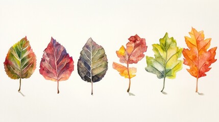 Watercolor Autumn Foliage: A Diverse Collection of Painted Deciduous Tree Leaves