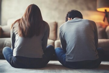 Back view of a woman and a man sitting apart on the floor with a couch behind them in a living room