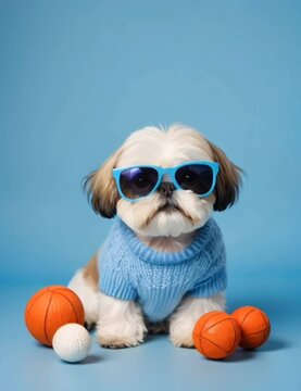 Shih Tzu dog wearing sunglasses and a sweater on blue background