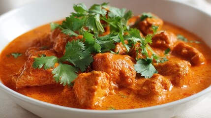 Spicy Chicken Curry with Coriander Garnish is a premium-quality stock image ideal for use in lifestyle blogs, health content, promotional campaigns, and editorial publications.