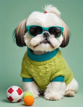 Shih Tzu dog wearing sunglasses and a sweater on green background