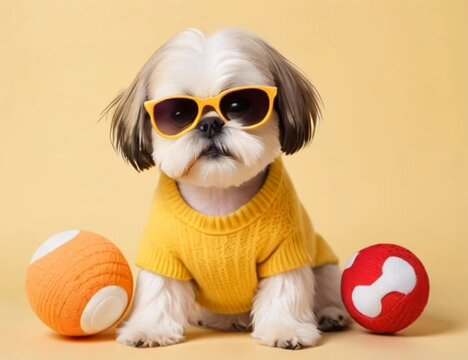Shih Tzu dog wearing sunglasses and a sweater on yellow background