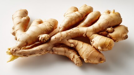 Fototapeta premium Fresh Ginger Root on White Studio Background is a premium-quality stock image ideal for use in lifestyle blogs, health content, promotional campaigns, and editorial publications.