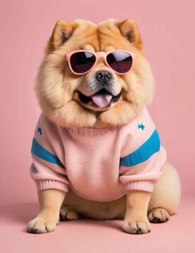 Chow Chow dog wearing sunglasses and a sweater on pink background