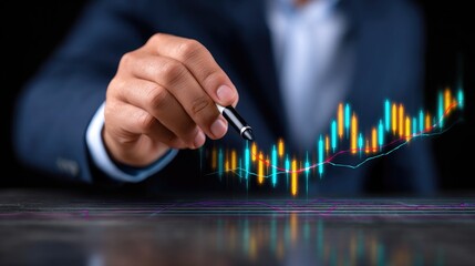 A businessman analyzing financial data with a pen on a digital graph.
