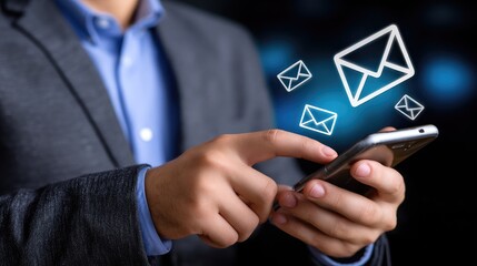 A businessman checking his smartphone for new emails and notifications.