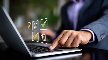 A businessman checks off tasks on a digital interface using a laptop.
