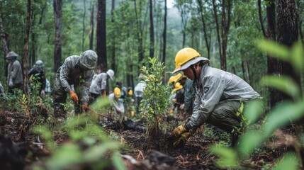 Workers in Protective Gear Digging in Forest is a premium-quality stock image ideal for use in lifestyle blogs, health content, promotional campaigns, and editorial publications.