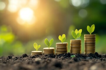 A close view of neatly stacked coins in ascending order rises from dark soil, each stack featuring small green plants sprouting, symbolizing growth and prosperity