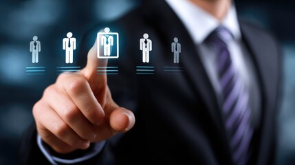 A businessman selecting candidates from a digital interface for recruitment.
