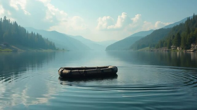 raft floating on water in dam againts sky