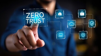 A man selecting a digital 'Zero Trust' security concept on a touchscreen interface.