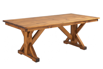 Wooden farmhouse table with cross legs design element on transparent background