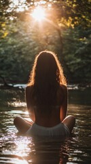 Woman meditating in nature, peaceful scenery, tranquility